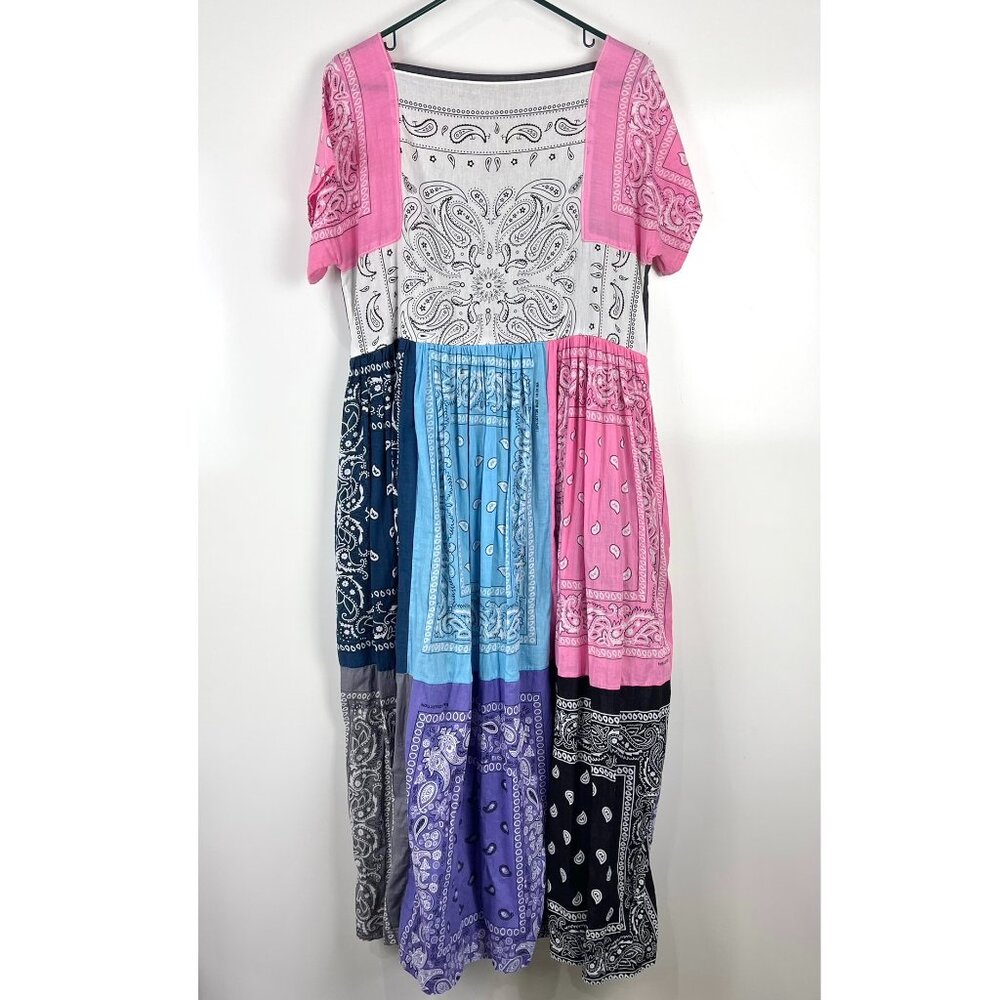 Patchwork Bandana Print Maxi Dress Cottagecore Boho Festival Pockets Colorful